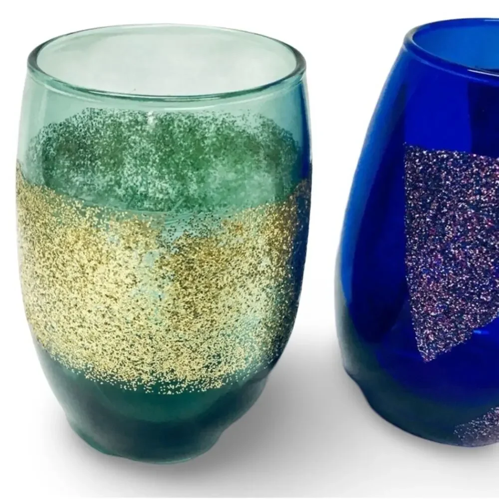 Set of 2 Colored Glass Glitter Water Tumblers